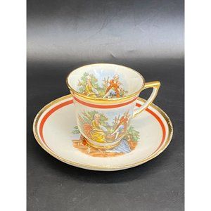 Vintage Courting Couple Demitasse Espresso Teacup Saucer 22KT Gold Flute Player
